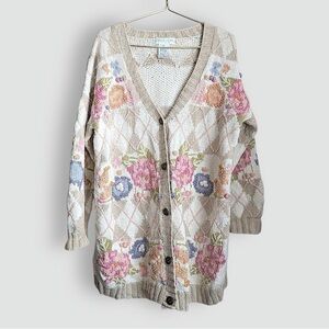 Rebecca Stone Vintage Floral Pastel Knit Oversized Slouchy Cardigan